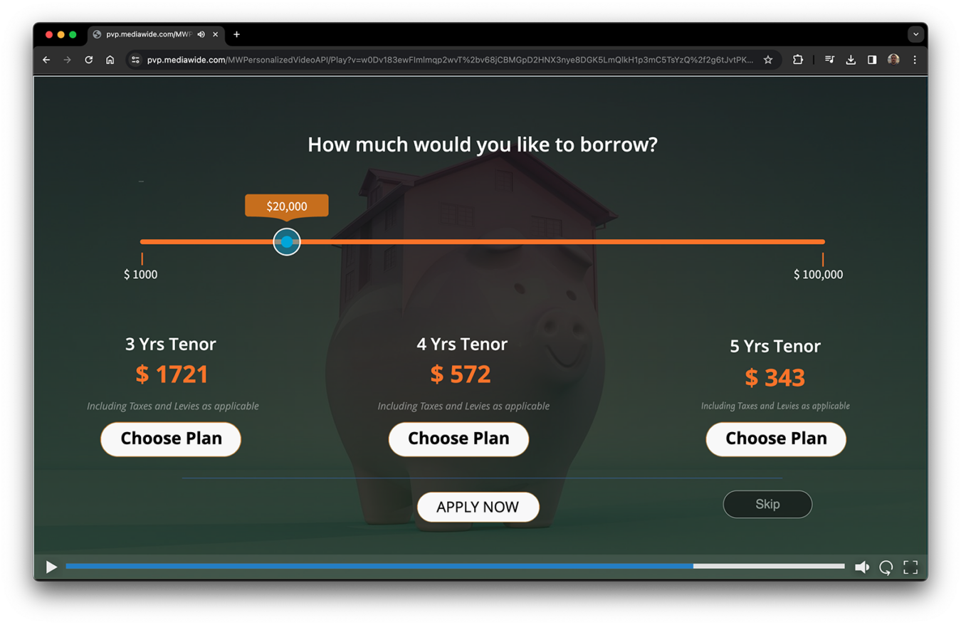 Persopnalized video showing a interactive loan calculator.