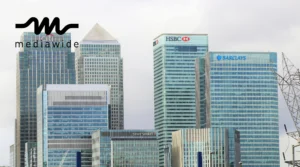 London skyscrapers of major banks including HSBC, Barclays, State Street and Citi, with Mediawide logo overlay in the top left corner.
