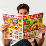 Person reading a retail circular flyer with weekly shopping deals in a store