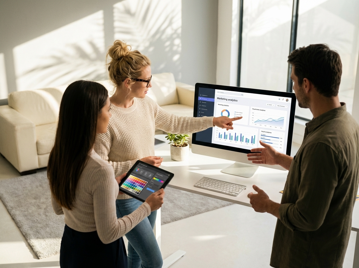 Three colleagues discussing a marketing dashboard with charts on a monitor and tablet