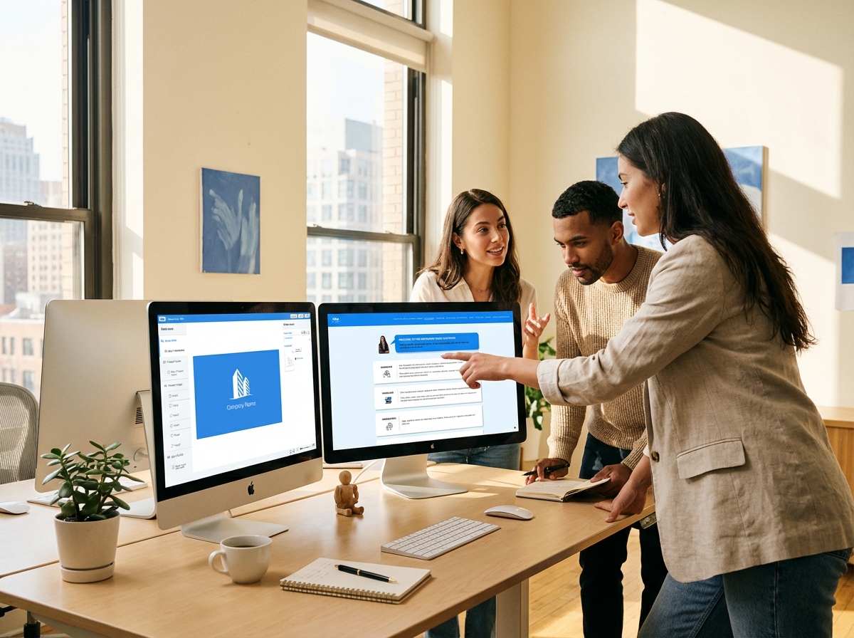 Three colleagues at dual monitors as a woman points to a message feed on screen