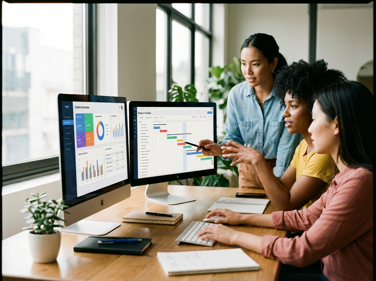 Three women reviewing a dashboard and a project timeline chart on dual monitors