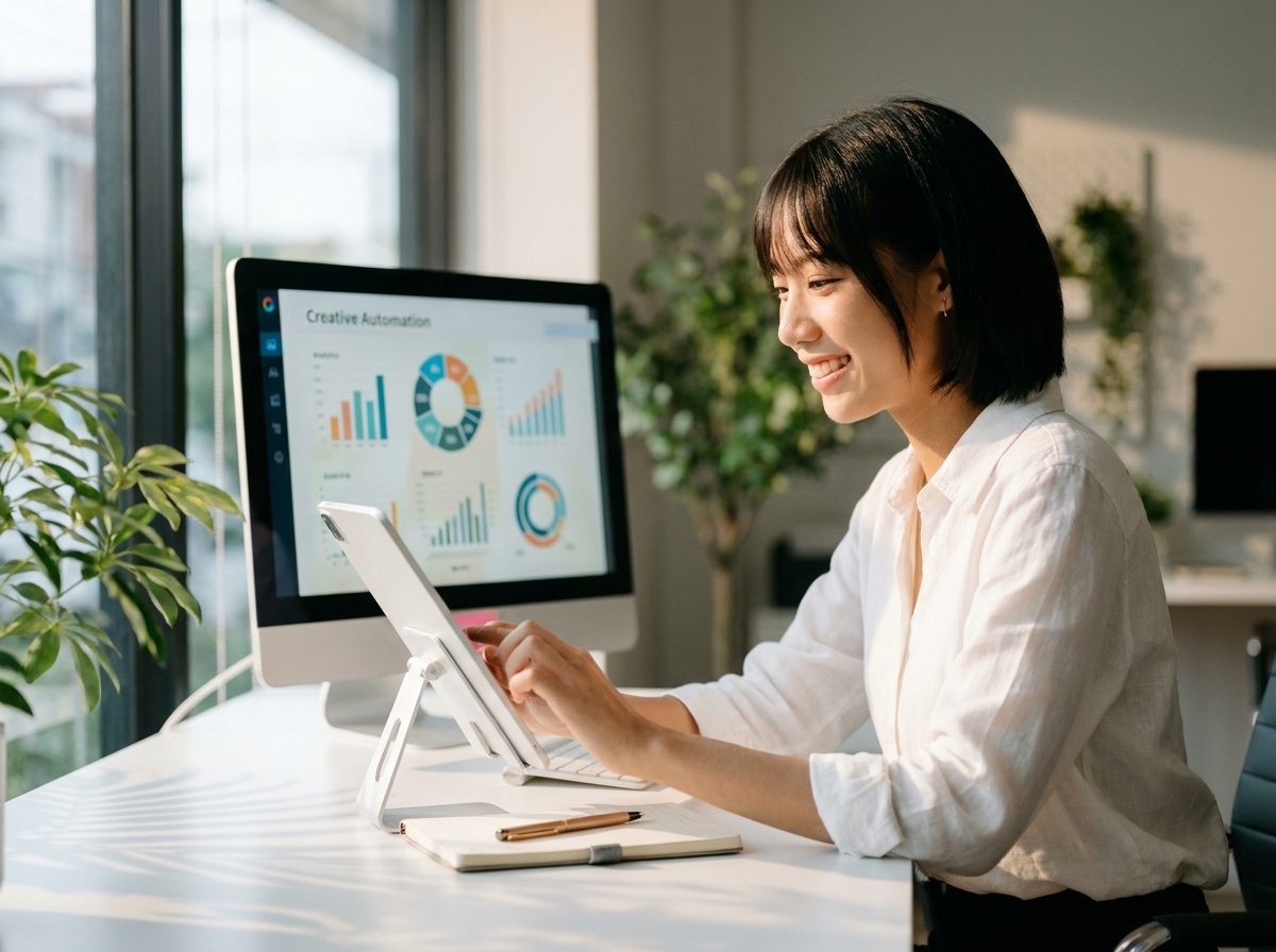 Smiling woman using a tablet in front of a monitor showing bar and donut chart analytics