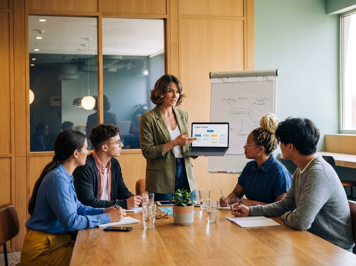 Woman holding a laptop to show a dashboard to colleagues seated around a conference table
