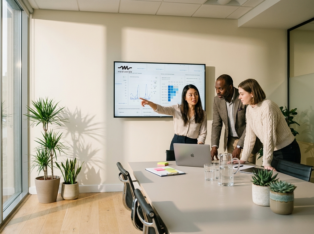 Three colleagues in a conference room as one points to analytics charts on a wall screen