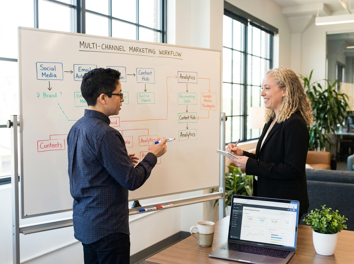 Two colleagues discussing a multi-channel marketing workflow diagram drawn on a whiteboard