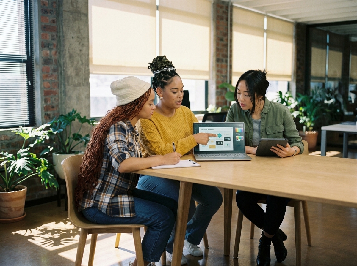 Three women at a wooden table in a loft office reviewing designs on a laptop and tablet