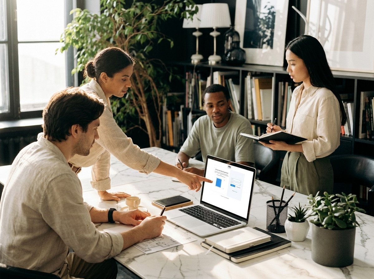 Woman pointing at a laptop screen while three colleagues gather around a marble table