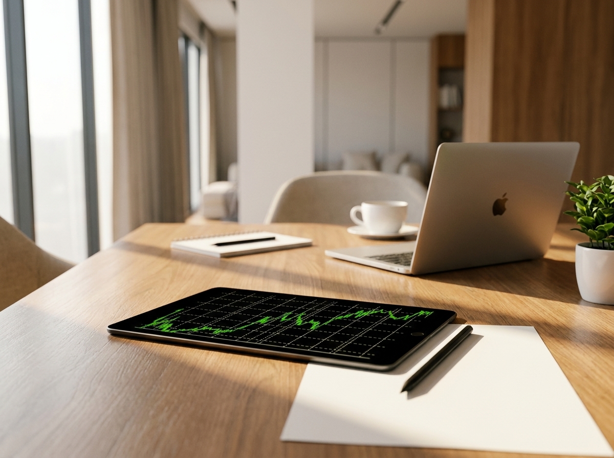 Tablet showing a green line chart on a wooden desk beside a laptop, coffee cup and notepad