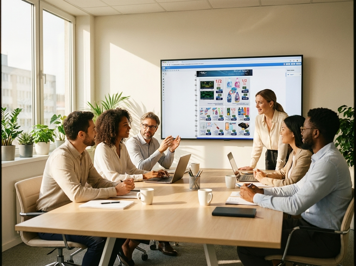 Team meeting at a conference table with a grid of creative assets shown on a wall screen